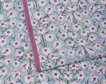 Floral Block Print Table Runner: Blue & White Botanical Cotton