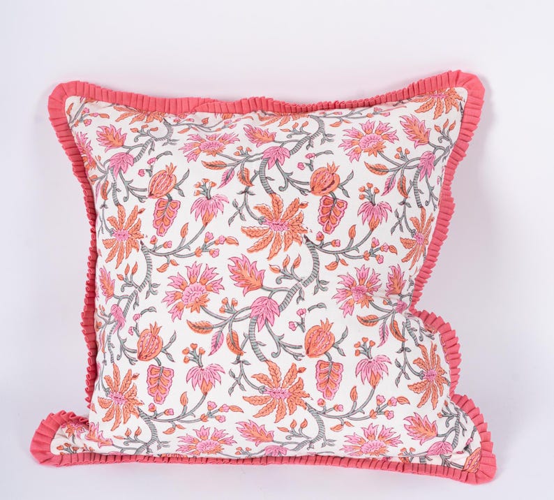 Hand Block Print Floral Pillow Cover - Thumbnail 3