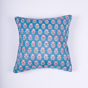 Blue Teal Pink White floral Block print Pillow Cover, 20X20, 14X20, handmade, botanical pillow, square pillow, lumbar pillow, cushion cover