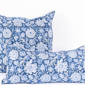 Blue Indigo White Block print Pillow Cover, 22X22, 12X24, handmade, floral pillow, botanical pillow, square and lumbar pillow boho pillow