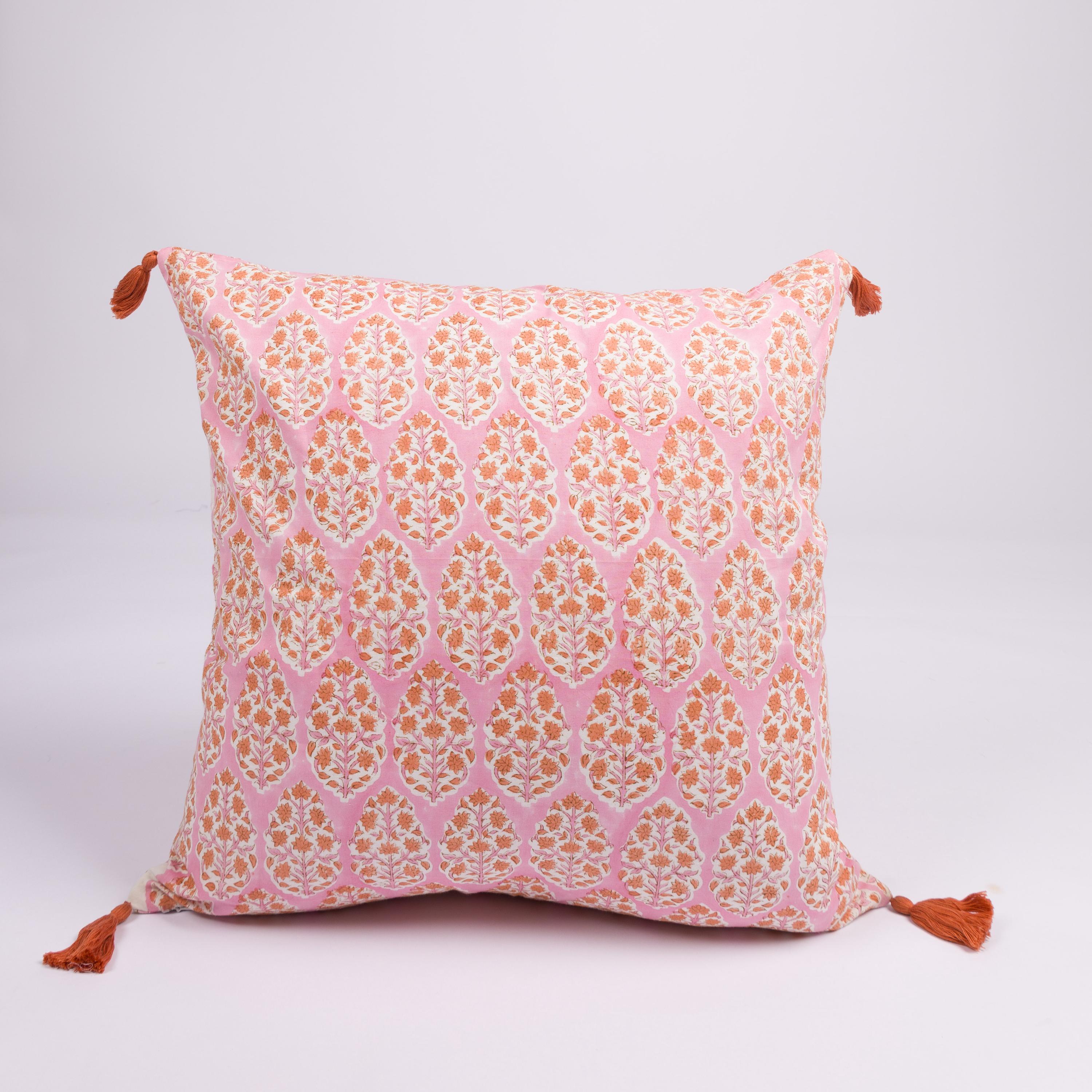 Block Print Pillow Cover: Peach Floral Cotton Cushion with Orange Tassels