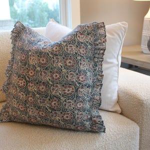 Blue Gray Pillow Cover, Neutral,  Handblock Print Pillow Cover, Soft Cotton, 20X20 Pillow, modern floral patten,  Mughal print, Cushion