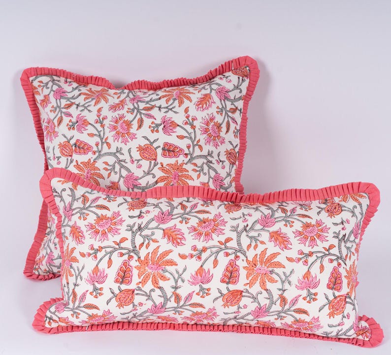 Hand Block Print Floral Pillow Cover - Thumbnail 2