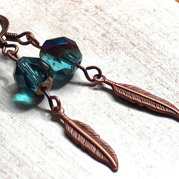Copper Feather Earrings HOOKS or clip long dangle clip Earring dark Teal Emerald crystal Boucles D'Oreilles Delicate  E221