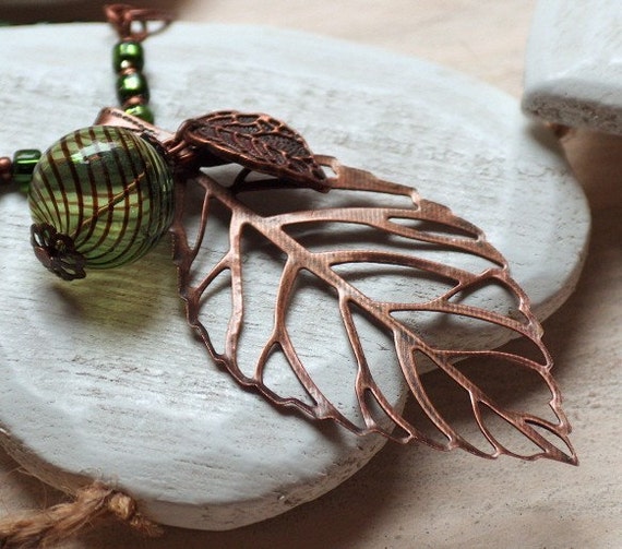 Copper Leaf necklace leaf pendant long boho necklace hollow Etsy
