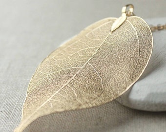 Gold Leaf necklace, large Real leaf Pendant plated long gold chain necklace, gold leaf lightweight necklace choose your length of chain N100
