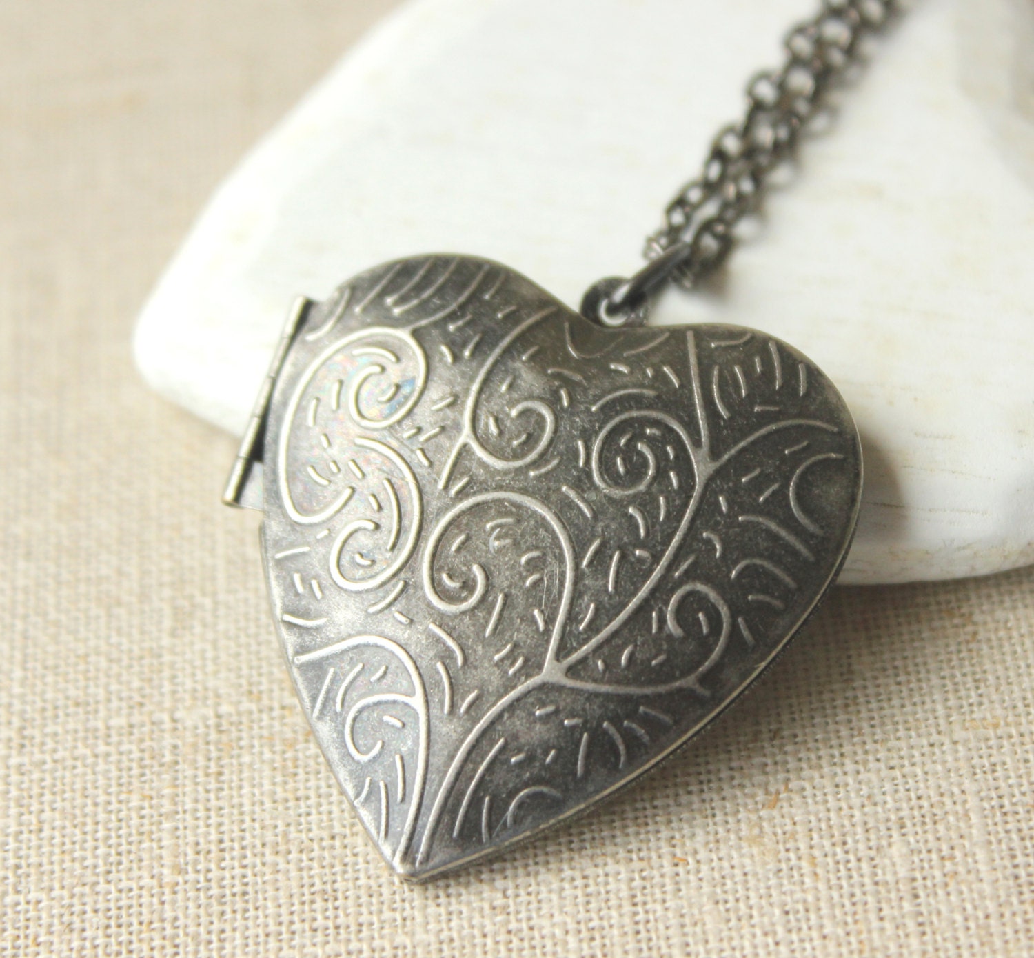 Large Heart Locket Long Chain locket Necklace Large antiqued Etsy