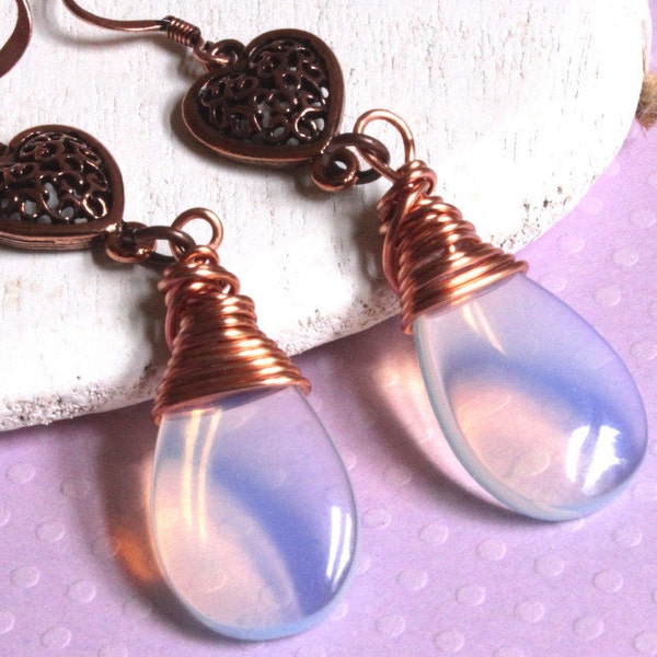 Opal dangle clip-on earrings opalite drop earrings copper wire wrapped lilac moonstone style jewelry heart charm etsy uk THREE for TWO E294