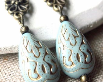 Pale Blue Clip-on Earrings or hooks Duck Egg Blue Clip Earrings Elegant Clip or pierced Boucle D'Oreilles Edwardian carved Earring E419