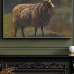 May include: A painting of a brown sheep with a thick coat of wool standing in a field. The sheep has a white face and large horns. The background is a blurry green field.