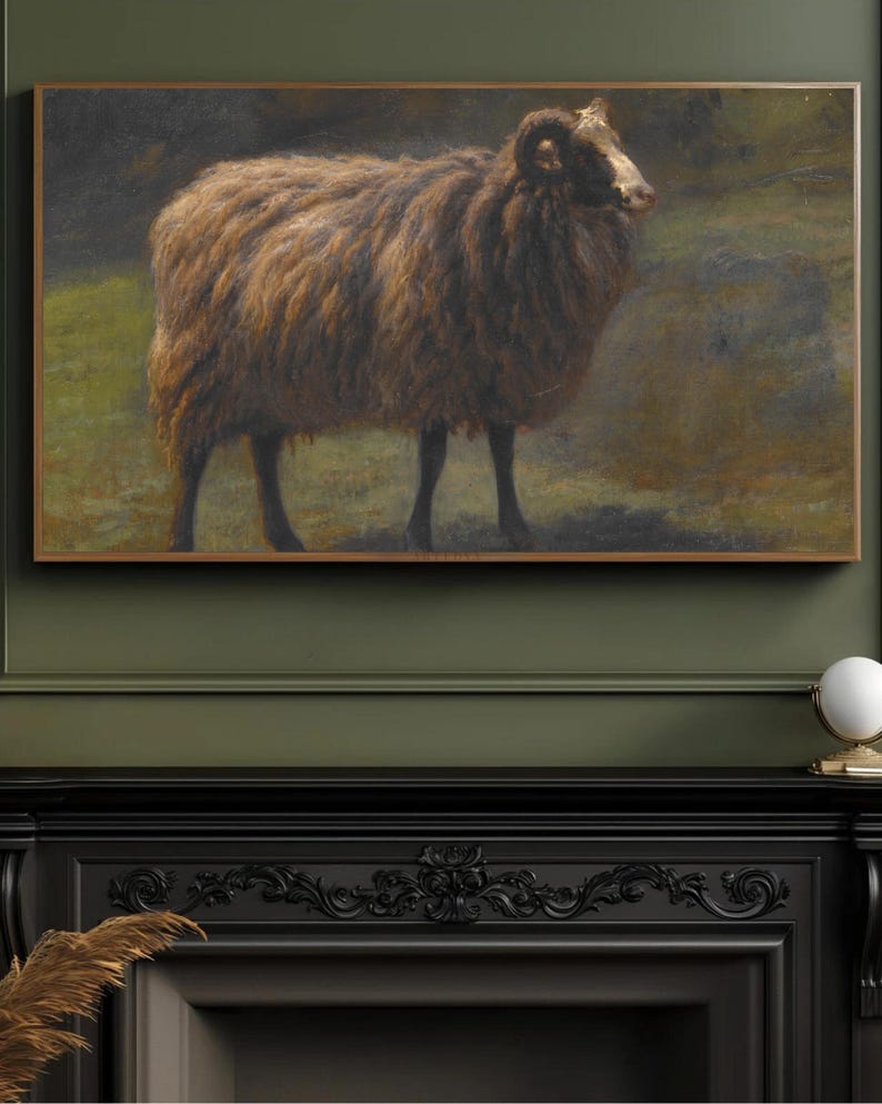 May include: A painting of a brown sheep with a thick coat of wool standing in a field. The sheep has a white face and large horns. The background is a blurry green field.