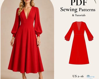 V Neck Long Dress Sewing Pattern PDF, Bishop Sleeve Maxi Dress Pattern, Women Dress PDF, A4 A0 Letter, US 2-16, Instant Download
