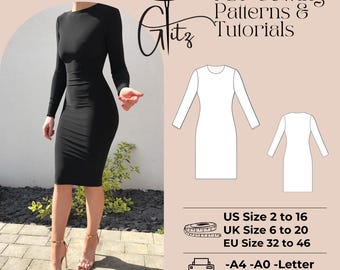 Bodycon Dress Sewing Pattern, Long Sleeve (PDF Pattern, US 2-30/XS-5XL)