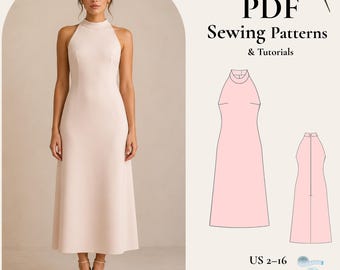 Halter Neck Maxi Dress Sewing Pattern PDF, Flowy Summer Dress Pattern,  Ruched Neck Dress, Vacation Dress XS-5XL - Etsy