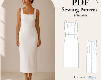 Elegant Midi Dress Sewing Pattern PDF Square Neck Sheath Dress Pattern | Sleeveless Formal Dress Princess Seam Dress | Back Slit Midi Dress