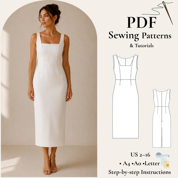 Elegant Midi Dress Sewing Pattern PDF Square Neck Sheath Dress Pattern | Sleeveless Formal Dress Princess Seam Dress | Back Slit Midi Dress
