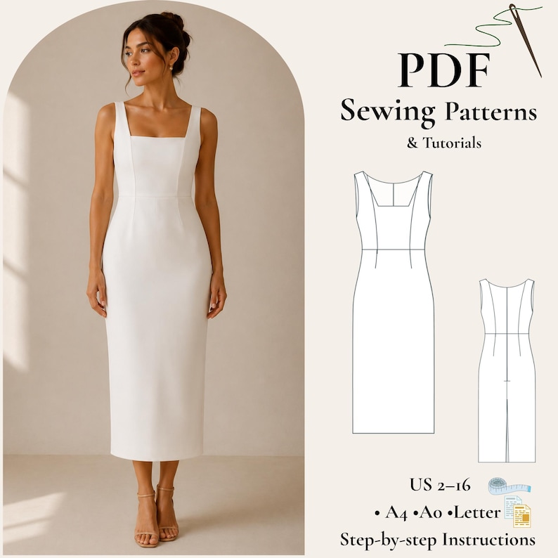 Elegantes Midi Kleid Schnittmuster PDF Etuikleid Kleid Schnittmuster | Ärmelloses Abendkleid Prinzessin Naht Kleid | Midikleid mit Schlitz hinten Bild 1