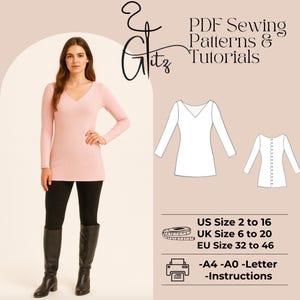 May include: A woman in a pale pink V-neck tunic, black leggings, and tall black boots. The image includes a sewing pattern graphic and text: "PDF Sewing Patterns & Tutorials." Measurements are given in UK, US, and EU sizes.