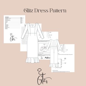 May include: A black and white sewing pattern for a dress with long sleeves and a ruffled hem. The pattern includes instructions and measurements for the dress.