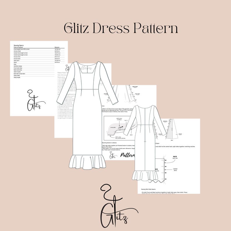 May include: A black and white sewing pattern for a dress with long sleeves and a ruffled hem. The pattern includes instructions and measurements for the dress.