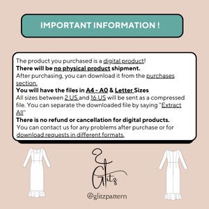 May include: A digital product information sheet with text that reads "IMPORTANT INFORMATION!" and "The product you purchased is a digital product! There will be no physical product shipment. After purchasing, you can download it from the purchases section. You will have the files in A4 - AO & Letter Sizes All sizes between 2 US and 16 US will be sent as a compressed file. You can separate the downloaded file by saying "Extract All" There is no refund or cancellation for digital products. You can contact us for any problems after purchase or for download requests in different formats." The sheet also includes a logo with the text "Glitz" and the text "@glitzpattern".