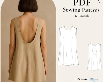 Minimalist Linen Mini Dress Sewing Pattern PDF, Backless A-Line Dress Pattern, Loose Summer Dress XS-5XL