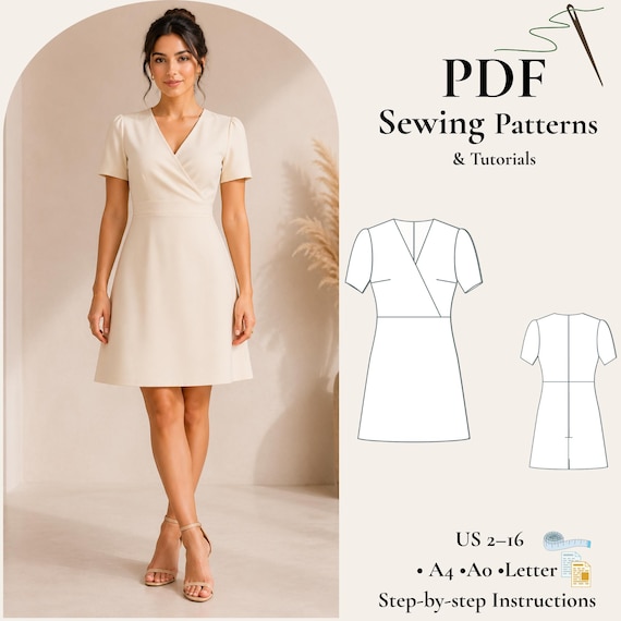 mini wrap dress pattern Wrap Mini Dress Sewing Pattern PDF, V Neck Dress Pattern, Short Sleeve  Dress, A Line Dress Pattern, Beginner Sewing Pattern XS-5XL