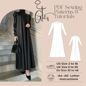 May include: A black maxi dress with a high neck and puff sleeves. The dress is shown on a model standing on a staircase. The image also includes a line drawing of the dress and information about the sewing pattern, including sizes and printing options. The text reads: "PDF Sewing Patterns & Tutorials, US Size 2 to 16, UK Size 6 to 20, EU Size 32 to 46, -A4-A0-Letter, -Instructions."