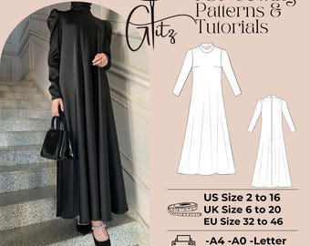 Long Sleeve Maxi Dress Sewing Pattern: Modest Abaya, Hijab (PDF Pattern)