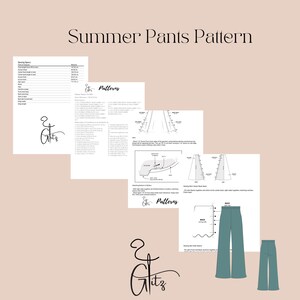 Puede incluir: Un conjunto de instrucciones de patrones de costura para pantalones de verano. Las instrucciones est&aacute;n en papel blanco con texto e ilustraciones en negro. El patr&oacute;n incluye diagramas y medidas. El texto "Summer Pants Pattern" est&aacute; en la parte superior.