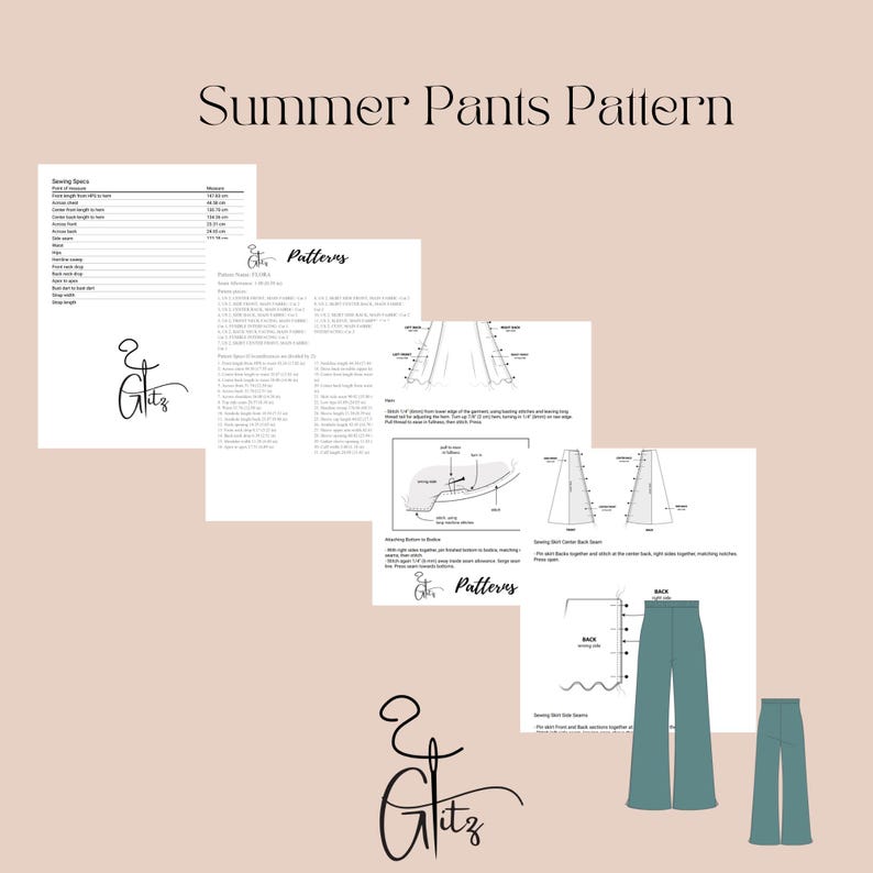 Puede incluir: Un conjunto de instrucciones de patrones de costura para pantalones de verano. Las instrucciones est&aacute;n en papel blanco con texto e ilustraciones en negro. El patr&oacute;n incluye diagramas y medidas. El texto "Summer Pants Pattern" est&aacute; en la parte superior.