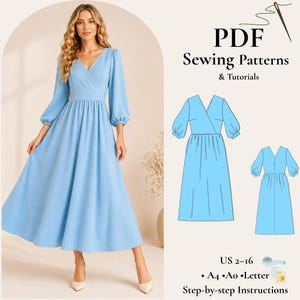 Puede incluir: Un vestido cruzado azul claro con mangas largas y falda amplia. La imagen incluye un patrón de costura PDF con el texto "PDF Sewing Patterns & Tutorials" e información de tallas.