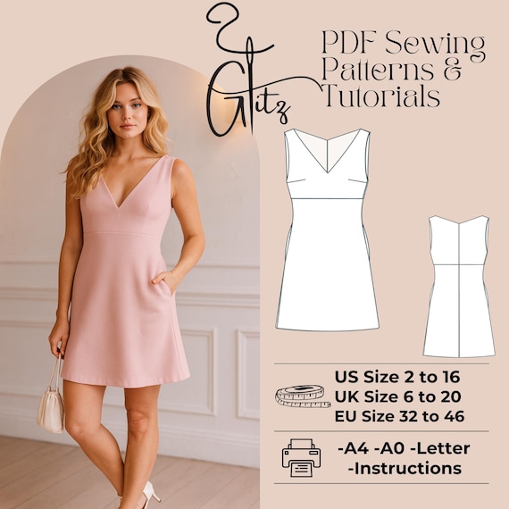 A-line Mini Dress Sewing Pattern, Deep V-neck (PDF Pattern) - Etsy