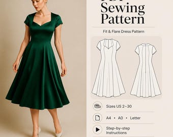 Midi Sweetheart Dress Sewing Pattern, Evening Gown (PDF Pattern)