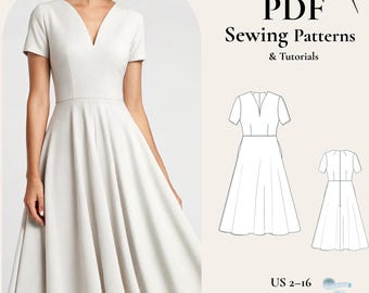 Könnte beinhalten: Eine Frau trägt ein weißes V-Ausschnitt-Kleid mit kurzen Ärmeln. Das Kleid hat ein figurbetontes Oberteil und einen ausgestellten Rock. Das Bild enthält auch ein PDF-Schnittmuster mit dem Text "PDF Sewing Patterns & Tutorials" und Größenangaben.