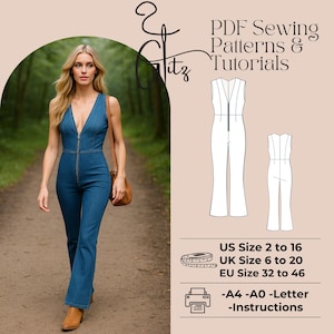 May include: A woman wearing a blue denim jumpsuit with a deep V-neck and a front zipper. The image includes a PDF sewing pattern with the text "PDF Sewing Patterns & Tutorials" and size charts for US, UK, and EU sizes. The jumpsuit has a flared leg.
