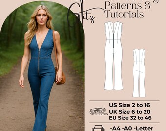Flared Leg Jumpsuit Sewing Pattern, Deep V-Neck (PDF Pattern)