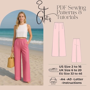 May include: A digital sewing pattern for wide-leg pants. The pattern includes instructions and is available in sizes US 2 to 16, UK 6 to 20, and EU 32 to 46. The pattern can be printed in A4, A0, or Letter size.