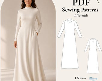 Minimalist Maxi Dress Sewing Pattern PDF, Mock Neck Knit Dress Pattern, Long Sleeve Fitted Dress, Full Length Gown Pattern, A4 A0 Letter