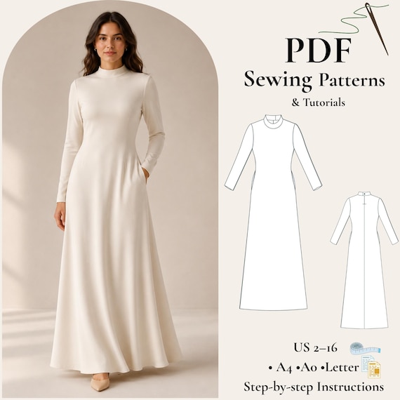 Minimalist Maxi Dress Sewing Pattern PDF, Mock Neck Knit Dress Pattern, Long  Sleeve Fitted Dress, Full Length Gown Pattern, A4 A0 Letter - Etsy