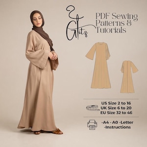 May include: A woman wearing a long, beige dress with wide sleeves and a matching head covering. The image includes a sketch of the dress and text that reads "PDF Sewing Patterns & Tutorials." Size information is also included.