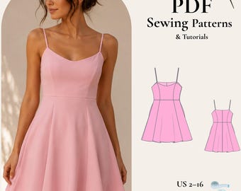 Mini Kleid Schnittmuster PDF | Spaghetti Strap Kleid Muster | Fit und Flare Kleid | Prinzessinnen Naht Kleid | Damen Sommerkleid Schnittmuster