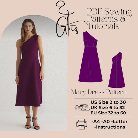 One Shoulder Midi A Line Dress PDF Digital Sewing Pattern US 2 - 30 Size -  Etsy Australia