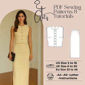 Puede incluir: Una mujer con un conjunto de dos piezas amarillo claro, un top sin mangas con botones y una falda a juego. La imagen incluye un diagrama de patrón de costura y el texto "PDF Sewing Patterns & Tutorials".