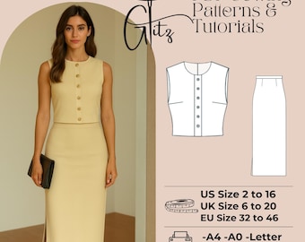 Two Piece Set Sewing Pattern: Buttoned Crop Top & Pencil Skirt (XS-5XL) (Digital Download