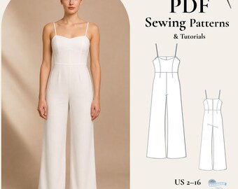 Spaghetti Strap Jumpsuit Sewing Pattern, Women's Sizes XS-5XL (PDF Pattern)