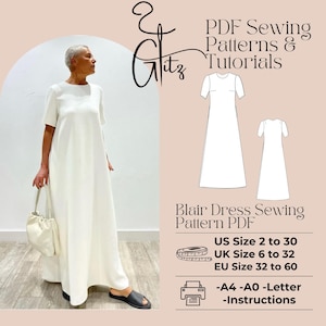 May include: A white maxi dress sewing pattern with instructions for sizes US 2 to 30, UK 6 to 32, and EU 32 to 60. The pattern is available in A4, A0, and Letter sizes. The image shows a model wearing the dress.