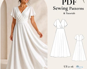 Wrap Maxi Dress Sewing Pattern PDF, V Neck Boho Dress Pattern, Flutter Sleeve Dress, Flowy Dress Pattern, Women Sewing Pattern XS-5XL
