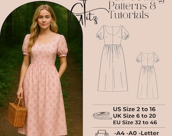 Puff Sleeve Midi Dress Sewing Pattern, Cottagecore Boho (PDF Pattern)