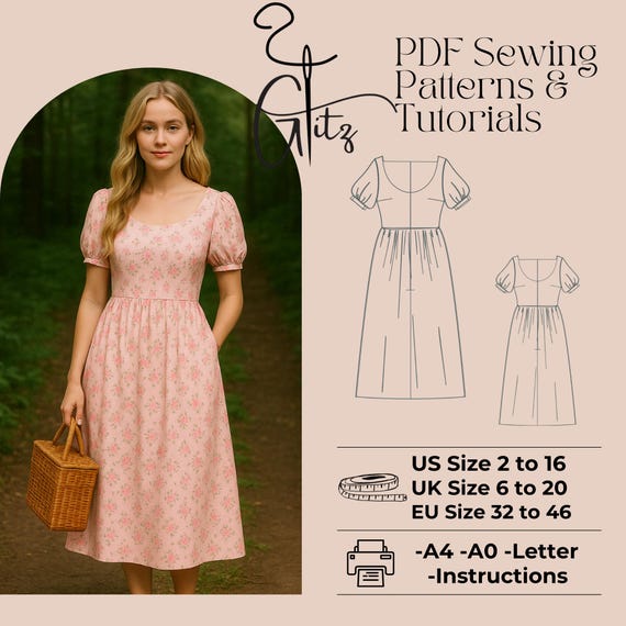 Puff Sleeve Midi Dress Sewing Pattern, Cottagecore Boho (PDF Pattern) -  Etsy UK